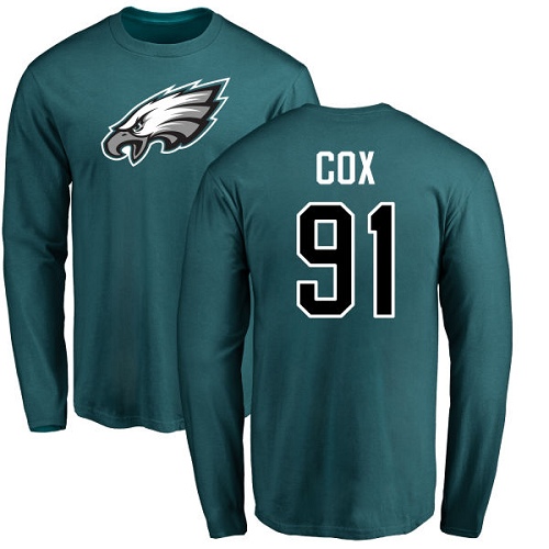 Men Philadelphia Eagles #91 Fletcher Cox Green Name and Number Logo Long Sleeve NFL T Shirt->nfl t-shirts->Sports Accessory
